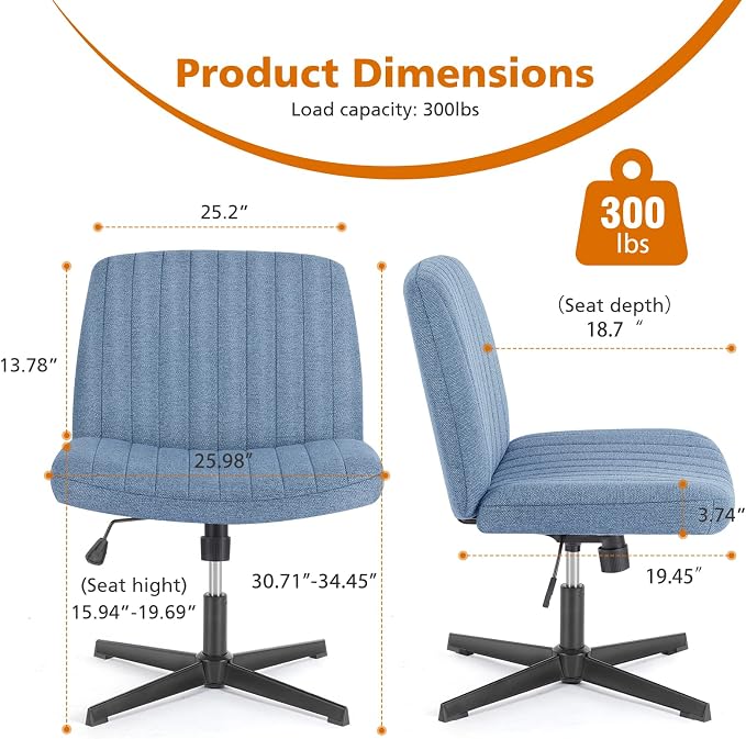 Sweetcrispy Criss Cross Chair Legged, Armless Office Swivel Desk Chairs No Wheels, Vanity Height Adjustable Wide Seat Comfy Cute Computer Task Seating for Home Bedroom,Blue