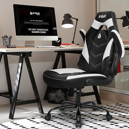 N-GEN Video Gaming Chair Ergonomic Computer Desk Office Chair with Lumbar Support Adjustable Height Swivel Wheels Flip-Up Arms PU Leather Home and Office (White)
