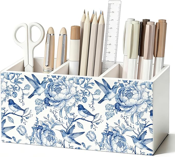 Blue Chinoiserie Bird Floral Pen Pencil Holder for Desk, Bird Lovers Gifts, Cottagecore Flower Botanical Wooden Box Sign Decorations for Home Office Girls Room Bedroom Desk Tabletop