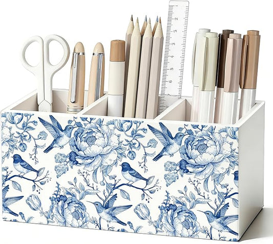 Blue Chinoiserie Bird Floral Pen Pencil Holder for Desk, Bird Lovers Gifts, Cottagecore Flower Botanical Wooden Box Sign Decorations for Home Office Girls Room Bedroom Desk Tabletop
