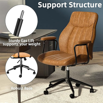 Brown Leather Office Chair, Mid Century Home Office Desk Chair | Ergonomic Curve Design, Removable Padded Arms, Height Adjustable Swivel Seat & Smooth Wheels, Vintage Mid-Back Computer Chair