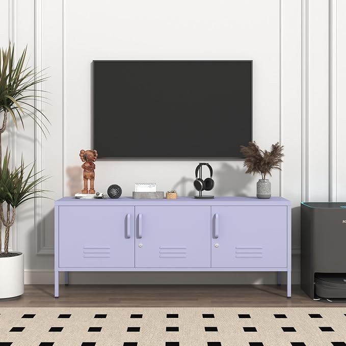 Purple TV Media Stand for 100" TV, 3 Door Metal Accent Cabinet with Removable Shelves, Steel Storage Locker for Living Room Bedroom, Lockable Door, 22" H X 47.3" W X 13.8" D