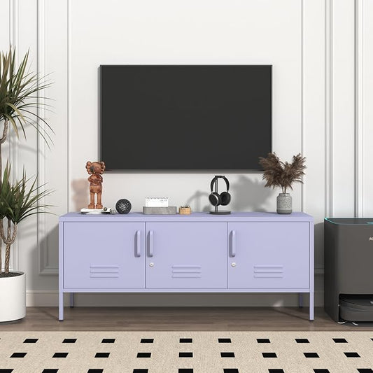 Purple TV Media Stand for 100" TV, 3 Door Metal Accent Cabinet with Removable Shelves, Steel Storage Locker for Living Room Bedroom, Lockable Door, 22" H X 47.3" W X 13.8" D