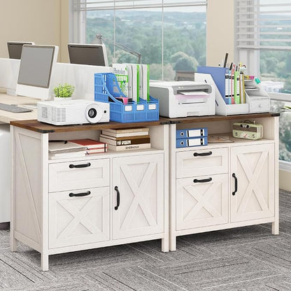 Lateral File Cabinet with 2 Drawers and Door Farmhouse File Cabinet for A4/Letter Size Hanging Files, Large Wood File Storage Cabinets Printer Stand with Open Space for Home Office Furniture, White
