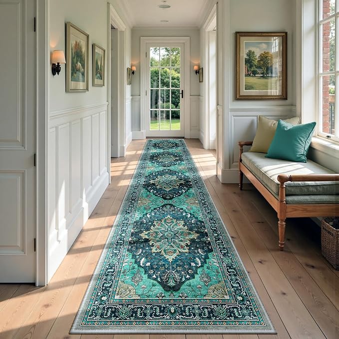 RELEANY Area Rugs Runner 2'6"x12' Washable Non-Slip, Floral Vintage Distress Medallion Carpet for Kitchen Hallway Bedroom Beside Laundry Room Bathroom, Teal Green Lake Blue Turquoise