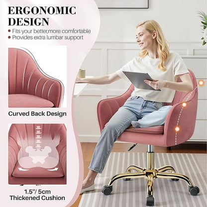 Vanity Chair with Wheels, Comfy Home Office Desk Chairs Adjustable Modern Velvet Makeup Vanity Chairs for Bedroom Living Room-Dusty Rose