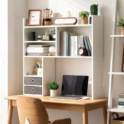 deli Desktop Bookshelf, High-Capacity Desk Hutch Organizer with 7 Shelves and 2 Drawers for Computer Desk, Desk Shelf Organizer for Dorm Office Home, White