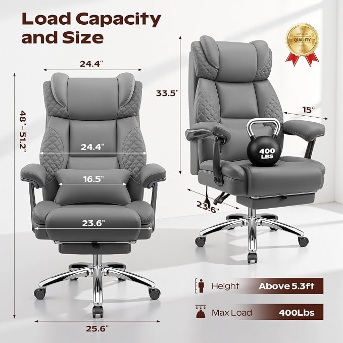 Office Chair, Ergonomic Desk Chair with Adjustable Lumbar Support for Back Pain, Extra Wide 400LBS Comfy Big and Tall Office Chair with Footrest, Executive Leather Computer Game Chair for Heavy People