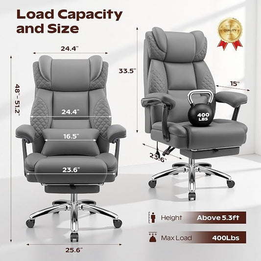 Office Chair, Ergonomic Desk Chair with Adjustable Lumbar Support for Back Pain, Extra Wide 400LBS Comfy Big and Tall Office Chair with Footrest, Executive Leather Computer Game Chair for Heavy People