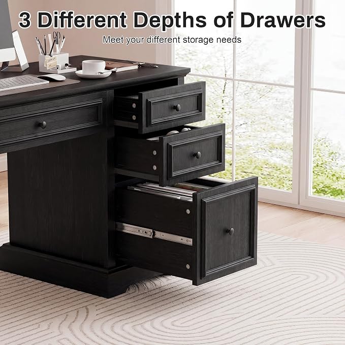 Vipbear 60" Farmhouse Executive Desk with Drawers and Cabinet, Embossed Texture Wood Home Office Desk, Rustic Computer Writing Desk, Workspace for Work Study Writing, Black