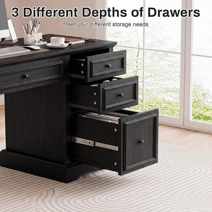 Vipbear 60" Farmhouse Executive Desk with Drawers and Cabinet, Embossed Texture Wood Home Office Desk, Rustic Computer Writing Desk, Workspace for Work Study Writing, Black