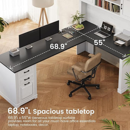 Itaar Farmhouse 68.9" L Shaped Desk with Hutch, Executive Home Office Desk with File Drawer and Power Outlet, Computer Corner Desk with Storage Cabinet, Workstation for Office Home, White