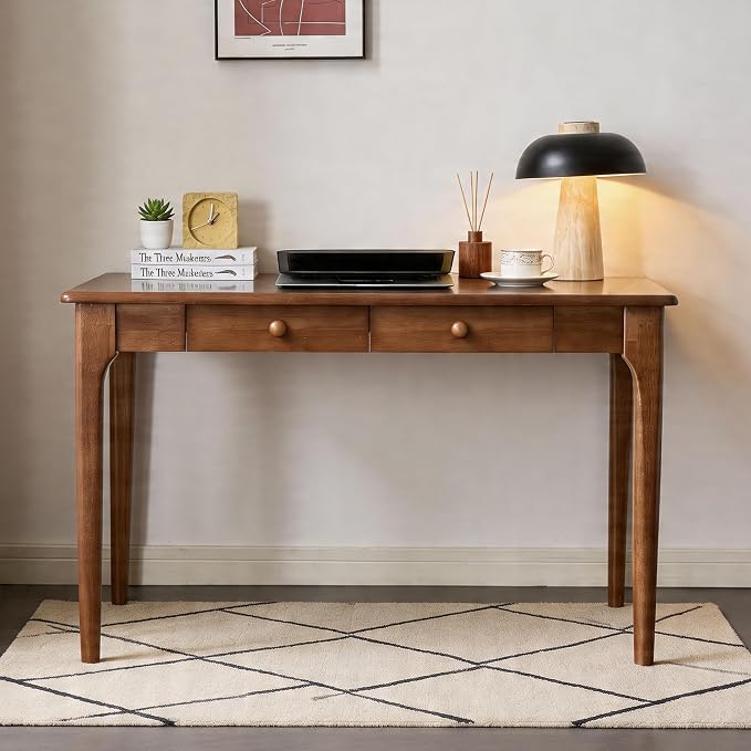 47" Walnut Solid Wood Desk with Drawers,Mid Century Modern Natural Real Wood Writing Desk,Home Bedroom Small Spaces Computer Office Workstation Desks