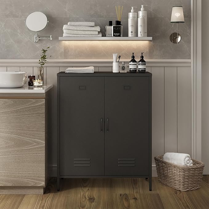 Steehoom Metal Cabinet with 2 Door, All Steel Small Locker Sideboard Buffet Storage Cabinet Console Table for Garage, Office (Black, H35.43'')