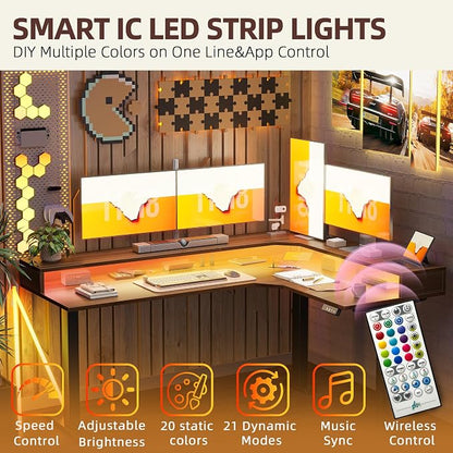 TIQLAB 63'' L-Shaped Standing Desk with LED Light Strip and Power Outlet, Height Adjustable Corner Table with Ergonomic Monitor Stand, Black Walnut