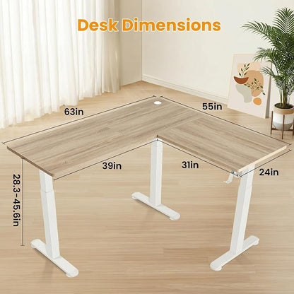 farexon 63x55 Inch L Shaped Standing Desk, Electric Adjustable Height Stand Up Desk, Corner sit Stand Desk with 39x18 in Mouse Pad, Hook, Home Office Writing Gaming Computer Workstation, Oak Grey