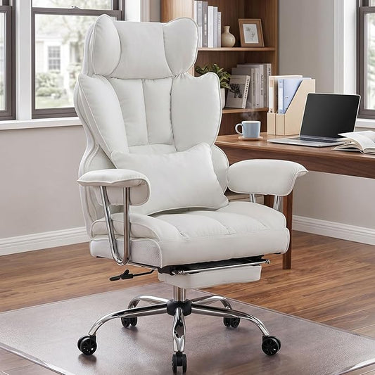 Efomao Big and Tall Office Chair 400lbs, Executive PU Leather Desk Chair with Footrest & Lumbar Support, Heavy Duty Computer Seating for Home, White | 400lbs support, 135° recline, dual-layer foam cushion, 23.5" seat & footrest. BIFMA