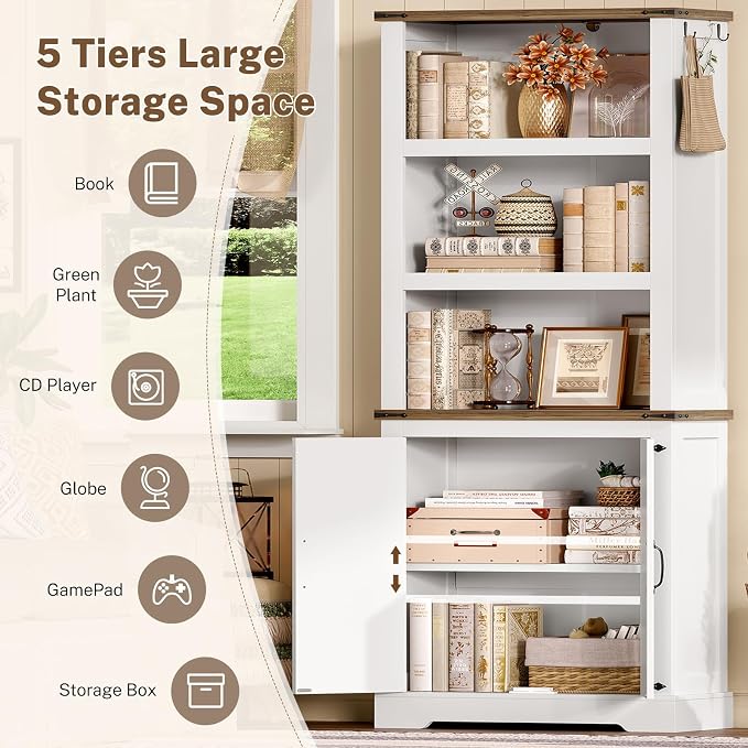 TEENFON 70.9in Tall Storage Cabinet with Adjustable Shelves, Kitchen Pantry Cabinet with 2 Barn Doors, 5 Tiers Farmhouse Bookcase for Living Room, Kitchen, Home Office, Bedroom, White