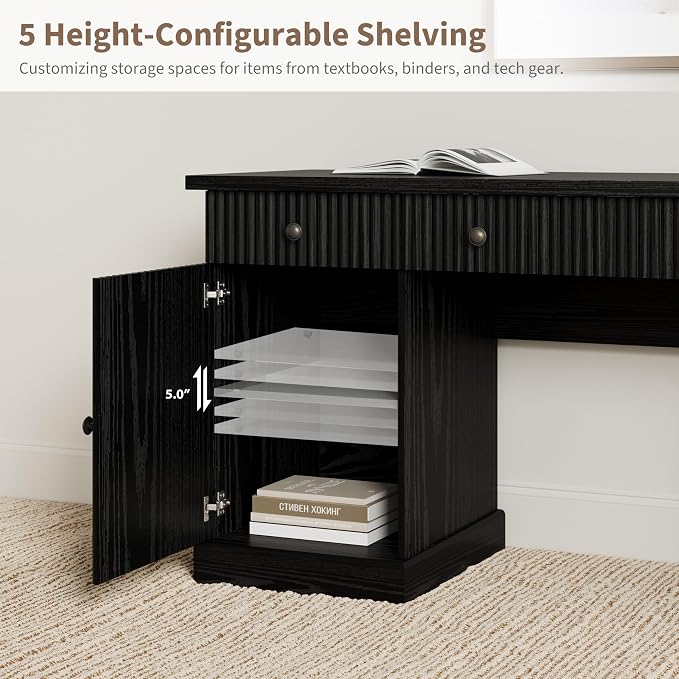Garvee 60" Office Desk with Storage & Drawers, Fluted Wood Executive Desk with File Drawers & Charging Station, Modern Computer Desk with Adjustable Shelves for Home Office, Black
