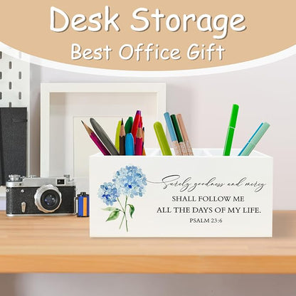 Hydrangea Christian Decor, Hydrangeas Pen Holder for Office Desk, Christian Hydrangea Gifts for Women Men, Bible PSALM 23:6 Wooden Pencil Holder Sign Organizer for Home Office Desk Accessories