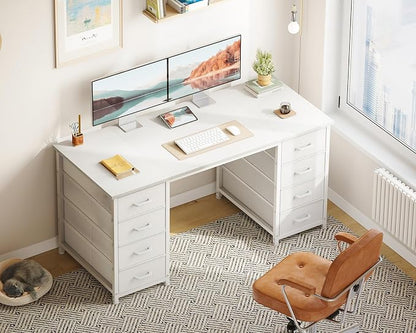 ODK 48 Inch White Computer Desk with 8 Fabric Drawers, Modern Office Desk with Large Storage for Home Office, Study, Gaming, White