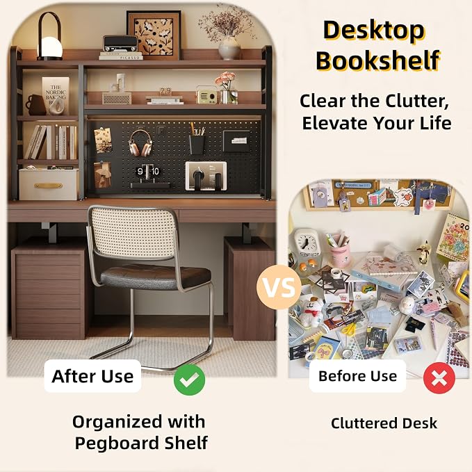 Desktop Hutch Bookshelf, 4-Tier Metal Desk Shelf for Top of Desk | Heavy Duty Countertop Organizer Rack with Peg Board & Accessories Space-Saving Storage for Dorm, Office & Home