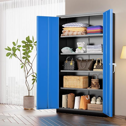 INTERGREAT Metal Storage Cabinet with Lock, 72" H Garage Cabinets with Doors and Adjustable Shelves, Lockable Metal Cabinets for Garage, Home, Office(Black-Blue)