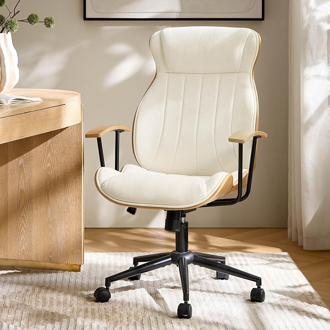 HULALA HOME Solid Wood Office Chair with Tilt Function, Mid Century Modern Bentwood Desk Chair with High Backrest, Height Adjustable Swivel Fabric Computer Task Chair, Ivory