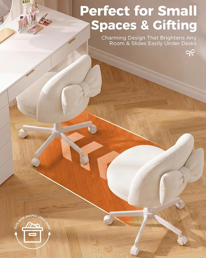 GTPLAYER Velvet Tall Office Chair with Wheels Vanity Chairs with Back, Versatile Height Use: Office to Bar Stools Small Ergonomic Comfy Armlees Computer Desk Chair with Bow Lumbar Pillow for Gift
