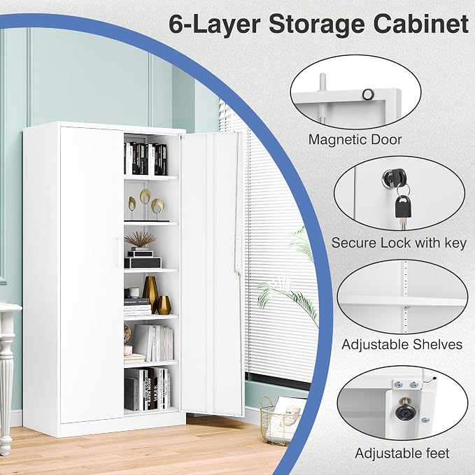 Metal Storage Cabinet with Lock,Tall White File Cabinet with 2 Doors and 5 Adjustable Shelves,Steel Storage Cabinets for Garage,Home Office,Pantry,School,Hospital