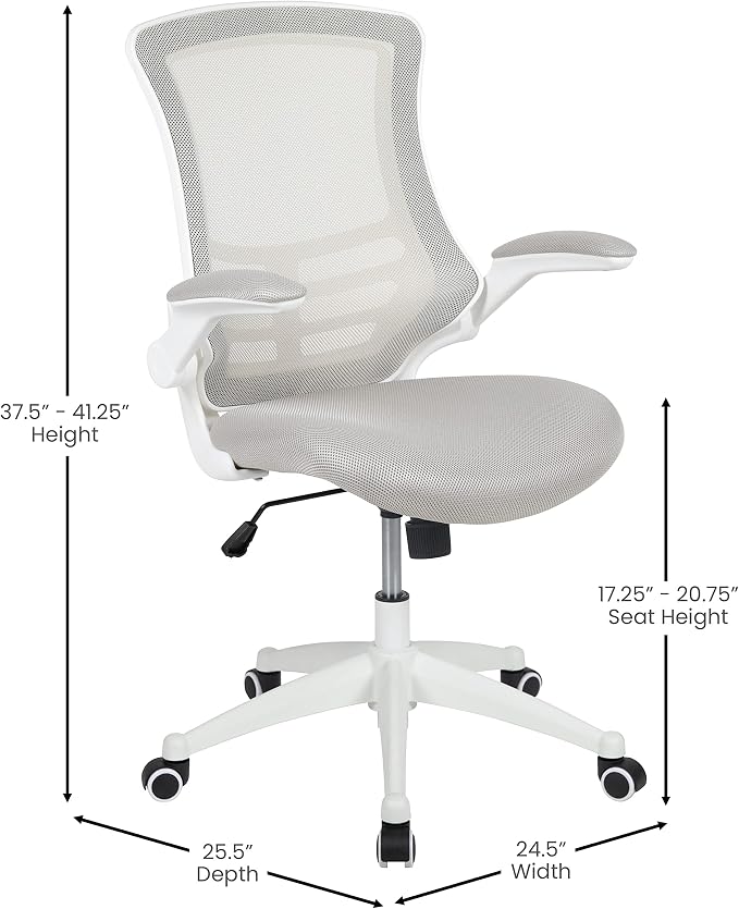 Flash Furniture Kelista Mid-Back Swivel Office Chair with Adjustable Lumbar Support and Seat Height, Ergonomic Mesh Desk Chair with Flip-Up Armrests, Gray/White