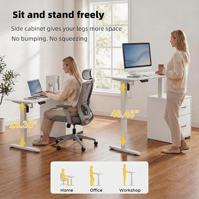 NORTHSKY Small Electric Standing Desk with Drawers, 32 x 18 Inches Sit Stand Desk with Storage, Height Adjustable Small Computer Desk, 3 Memory Preset, 1 Hook, Cable Management, White