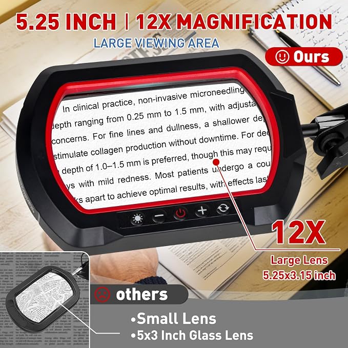 HITTI 12X Square Magnifying Glass with Light and Clamp, Ultra Long LED Desk Lamp with 5 Colors & Stepless Dimming | Hands-Free Workbench Lighted Magnifier Stand for Crafting, Repair,Painting- Red