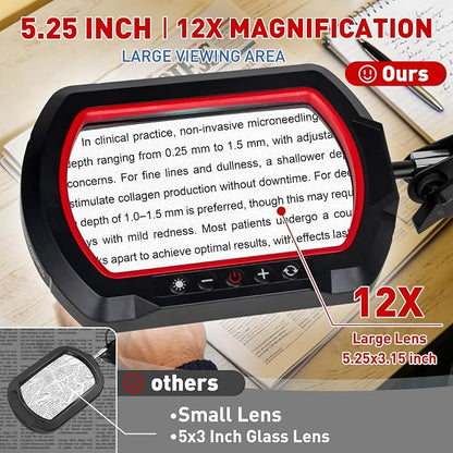 HITTI 12X Square Magnifying Glass with Light and Clamp, Ultra Long LED Desk Lamp with 5 Colors & Stepless Dimming | Hands-Free Workbench Lighted Magnifier Stand for Crafting, Repair,Painting- Red