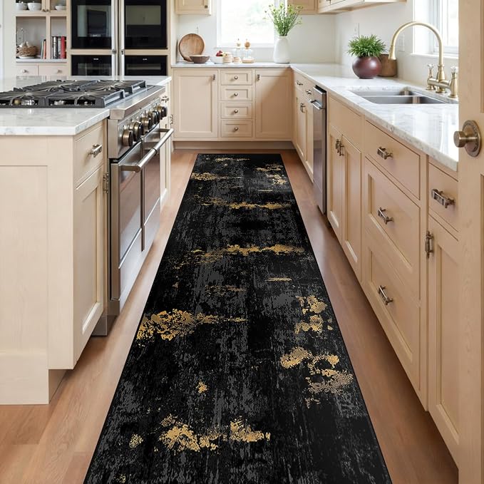 RELEANY Washable Area Rugs 2'x10' Non-Slip Modern Abstract Soft for Living Room Entryway Bedroom Kitchen, Print Pattern, Dark Black Gold