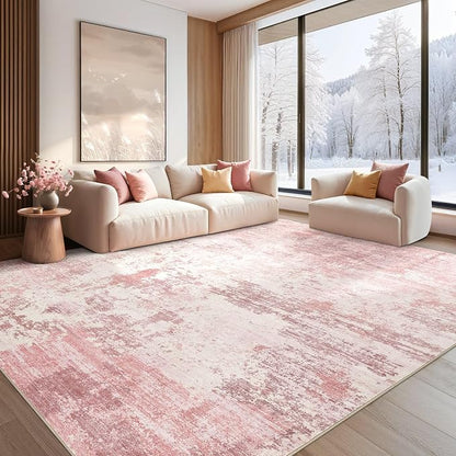 UERMEI 9x12 Area Rug Living Room Rugs - Washable Neutral Modern Abstract Soft Thin Large Rug Indoor Floor No Slip Rug Carpet for Bedroom Under Dining Table Home Office Decor - Pink