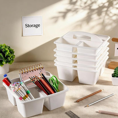 6 Pack Classroom Caddy with Handle Plastic Storage Caddy Organizer with 3 Compartments Desk Caddies Holder Portable Storage Bin for Pencil, Crayon, Marker, Home, Office, School Supplies(White)