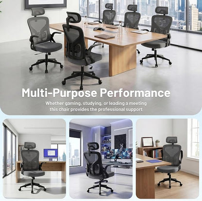 Office Chair Ergonomic Desk Chair with Adjustable Headrest Lumbar Support, High Back Breathable Mesh Chair with 120° Tilt & Flip-Up Armrests, Swivel Comfy Task Computer Chair for Work, Study