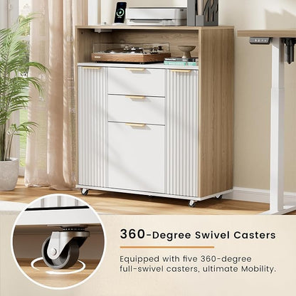 ModernMate Fluted Mobile Office File Cabinet with 3 Drawers, 37" Rolling Storage Cabinet with Charging Station, Small Printer Stand for Home Office, Light Walnut