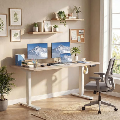 Electric Standing Desk with Power Outlets and USB-C Port, 55 x 24 Inches Adjustable Height Sit Stand Up Desk for Home Office, Adjustable Desk with Memory Preset and Wheels, Oak
