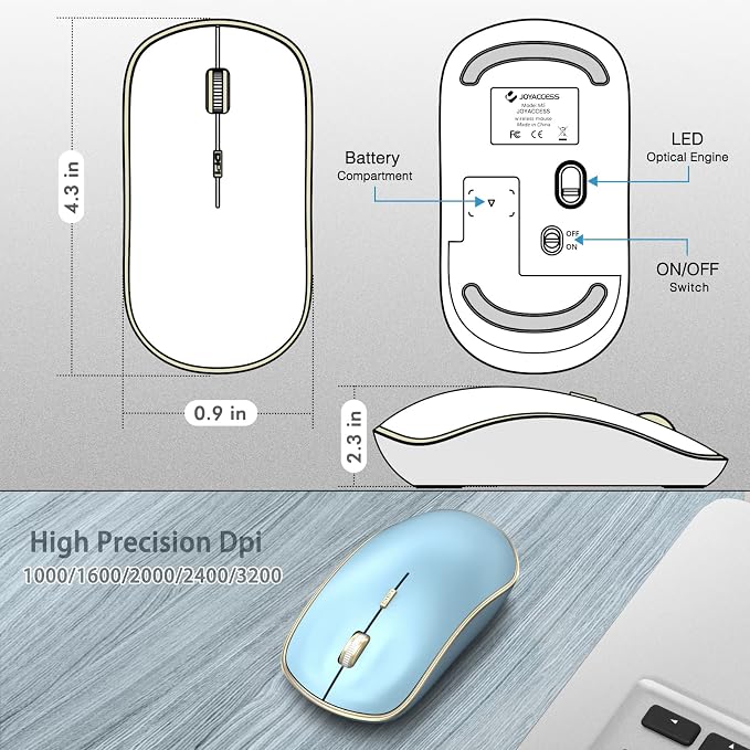 JOYACCESS Wireless Mouse for Laptop | 5 DPI Levels, Silent for Notebook, MacBook, Chromebook, PC - Blue