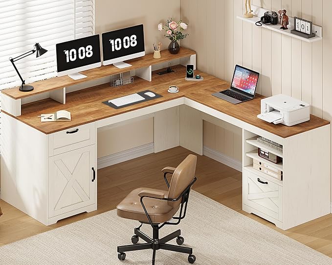 YOMILUVE Farmhouse 63" L Shaped Desk with Drawers and Storage Shelf, Home Office Desk with Power Outlets, Storage Cabinet, Corner Computer Desk with Long Monitor Stand, Brown and White