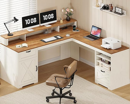 YOMILUVE Farmhouse 63" L Shaped Desk with Drawers and Storage Shelf, Home Office Desk with Power Outlets, Storage Cabinet, Corner Computer Desk with Long Monitor Stand, Brown and White