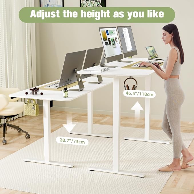 ERGOMAKER 63" Electric Standing Desk, Adjustable Height, Sit Stand Up Desk for Home Office & Computer Workstations, Memory Controller, White