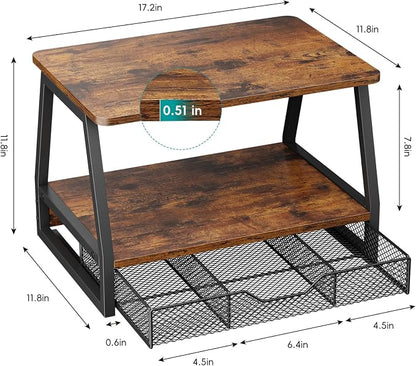 Printer Stand with Storage - Printer Table Office Organizer for Desk Top Organizing, 2-Tier File Holder, Paper Storage and Desktop Shelf for Computer Printer Stand with Drawers Rustic Brown