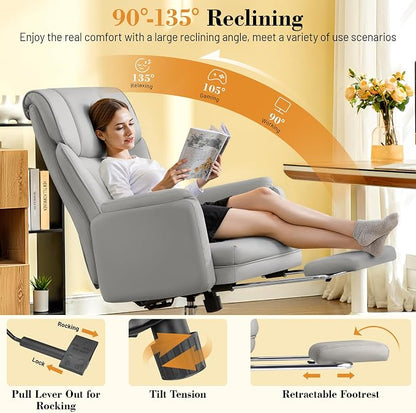 FelixKing Big and Tall Office Chair, 400LBS Wide Leather Executive Chair, Reversible Armrest for Pets Criss Cross Legged, 135° Reclining High Back Gaming Desk Chair with Lumbar Support Footrest, Gray