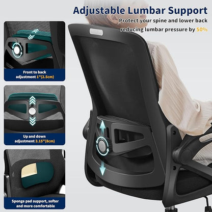 Ergonomic Office Chair, Desk Chair with Adjustable Lumbar Support, Breathable Mesh Comfy Computer Chairs with Flip-up Armrests Executive Task Chair for Adults Home Office (4Pcs)