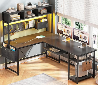 SEDETA L Shaped Gaming Desk with Hutch, 57.5” Reversible Corner Computer Desk with Storage Shelves, Gaming Desk with Pegboard, LED Lights, Power Outlet, Keyboard Tray and Storage Bag, Black