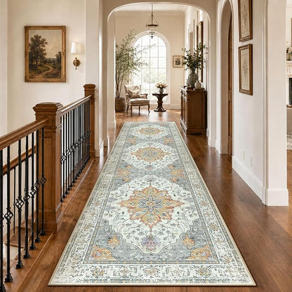 RELEANY Area Rugs Runner 3'x10' Washable Non-Slip, Floral Vintage Distress Medallion Carpet for Kitchen Hallway Bedroom Beside Laundry Room Bathroom, Beige Carbon Grey Orange