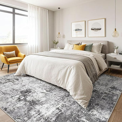 9x12 Area Rug Living Room: Washable Large Abstract Modern Soft Stain Resistant Indoor Floor Rugs Non Slip Accent Carpet for Bedroom Nursery Playroom Office Dining Room Dorm Home House- Black Grey